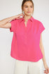 Madison Solid Collared Button Up Top Hot Pink