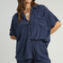 Linen Button Down Top with Fray Navy